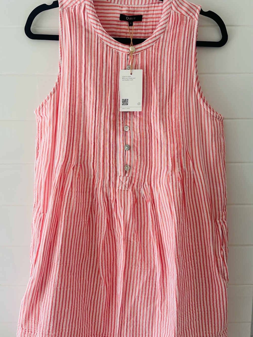 Quince Sleeveless Summer Pink Stripe Pleated Button-Front 💯 Organic Cotton Dress - Picture 6 of 7